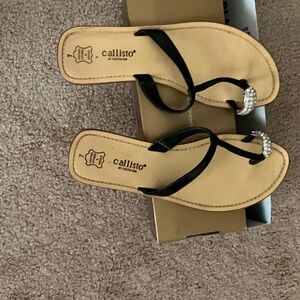 Callisto Black Thong Sandals with Rhinestone Accent